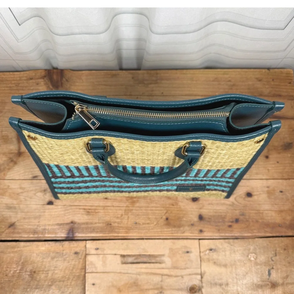 Chiara Ferretti Italian Leather Woven Raffia Striped Satchel Crossbody Tote Bag